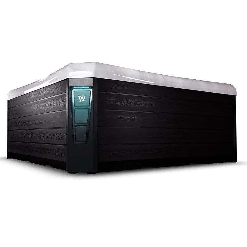 Wellis Manhattan Life Premium hot tub with black wood design and turquoise control panel