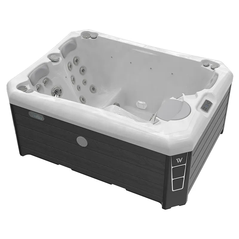 Wellis Manhattan Life Premium hot tub with white basin, black exterior, and integrated massage jets for 3 people