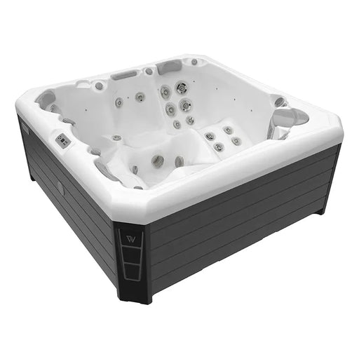 Wellis Palermo Life Premium-Whirlpool mit weißem Innenraum, schwarzem Außengehäuse und Massagedüsen für 5 Personen