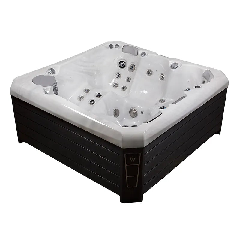 Wellis Palermo Life Premium-Whirlpool mit weißem Becken, schwarzem Rahmen und mehreren Massagedüsen für 5 Personen