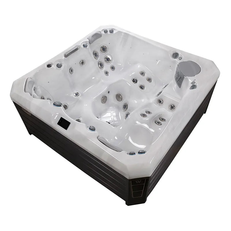 Wellis Palermo Life Premium-Whirlpool mit weißem Innenbecken, mehreren Düsen und schwarzem Außenrahmen