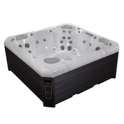 Wellis Palermo Life Premium-Whirlpool mit weißem Becken, schwarzem Holzrahmen und mehreren Massagedüsen