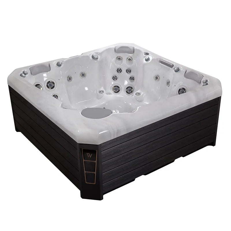 Wellis Palermo Life Premium-Whirlpool mit weißem Becken, schwarzem Holzrahmen und mehreren Massagedüsen