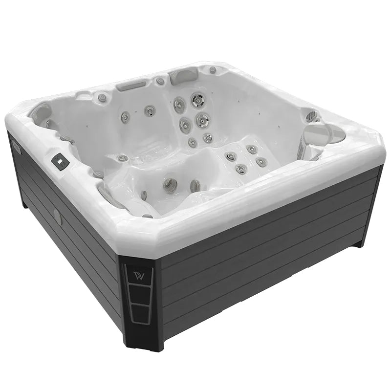 Wellis Palermo Life Premium-Whirlpool mit weißem Innenraum, schwarzem Außenrahmen und zahlreichen Düsen für 5 Personen