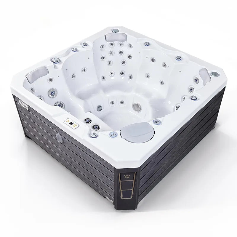 Wellis Prague Life Premium hot tub with white basin, black frame and numerous massage jets from above