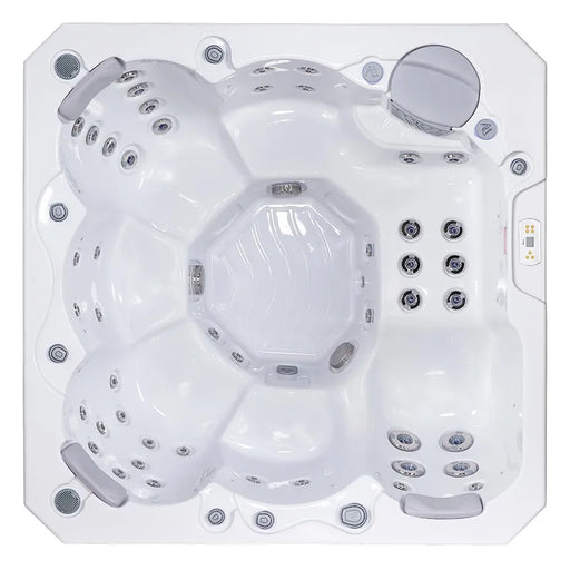 Wellis Prague Life Premium-Whirlpool von oben, weiße Wanne mit mehreren Massagedüsen und Bedienfeld