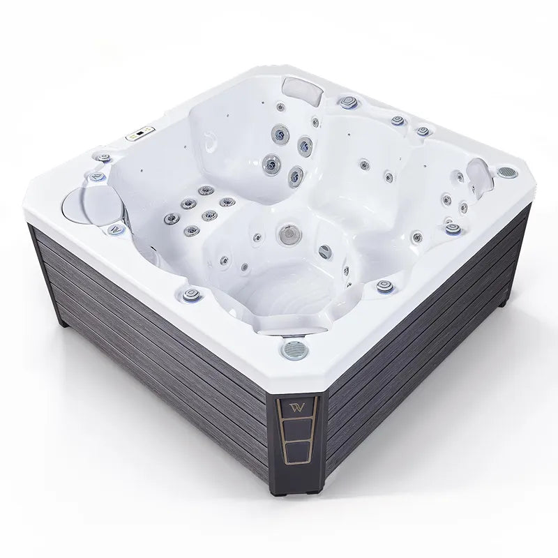 Wellis Prague Life Premium-Whirlpool mit weißem Becken, Massagedüsen und schwarzem Rahmen, Ansicht von oben