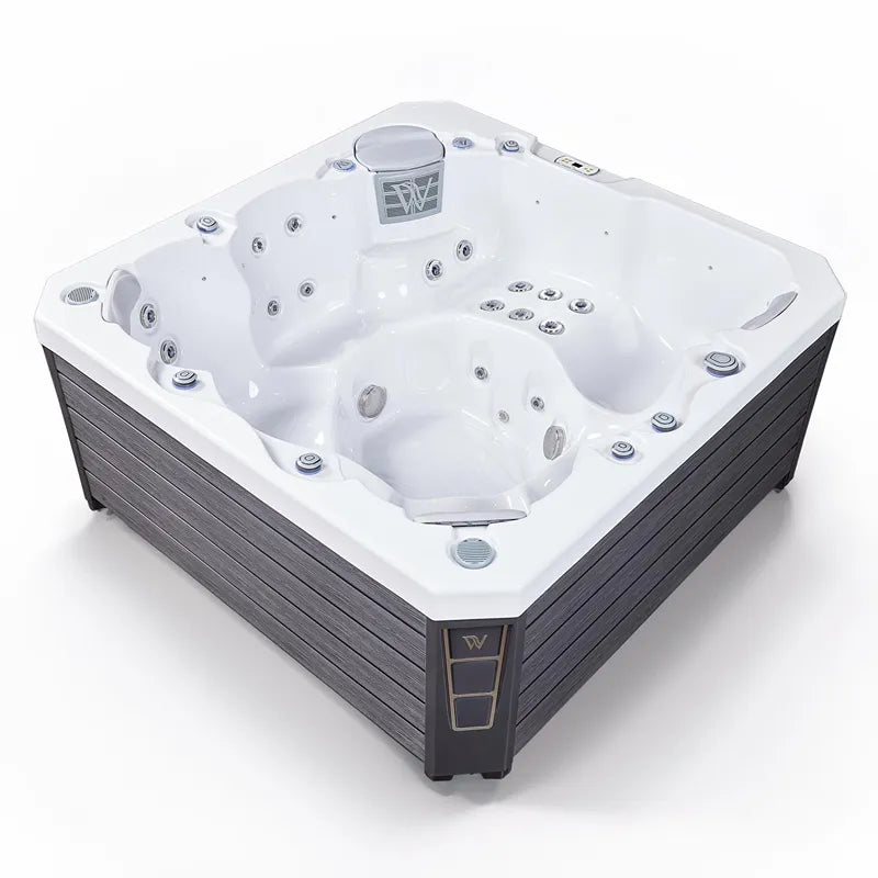 Wellis Prague Life Premium hot tub with white tub interior, dark grey frame and blue jets for 6 people