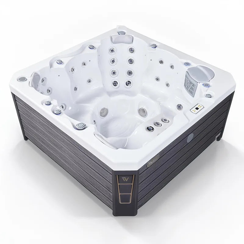 Wellis Prague Life Premium-Whirlpool von oben, weiße Innenschale mit mehreren Massagedüsen und schwarzem Holzrahmen