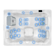 Wellis Teide Life Premium Whirlpool von oben, 32 Jets mit blauer Beleuchtung, 3 Sitze, Kontrollpanel