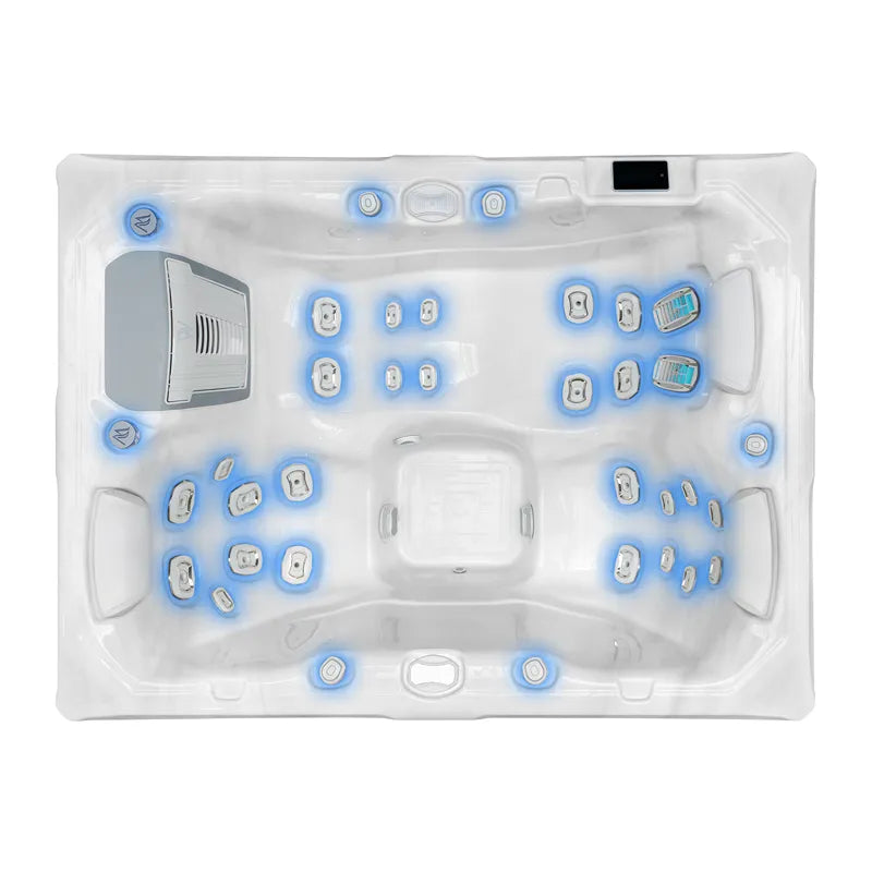 Wellis Teide Life Premium Whirlpool von oben, 32 Jets mit blauer Beleuchtung, 3 Sitze, Kontrollpanel