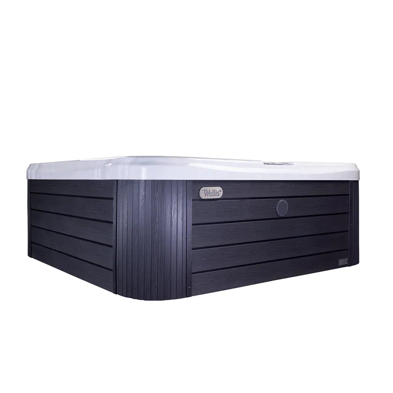 Wellis Vienna Life Premium-Whirlpool mit schwarzem Holzaufbau und weißem Rand, Draufsicht