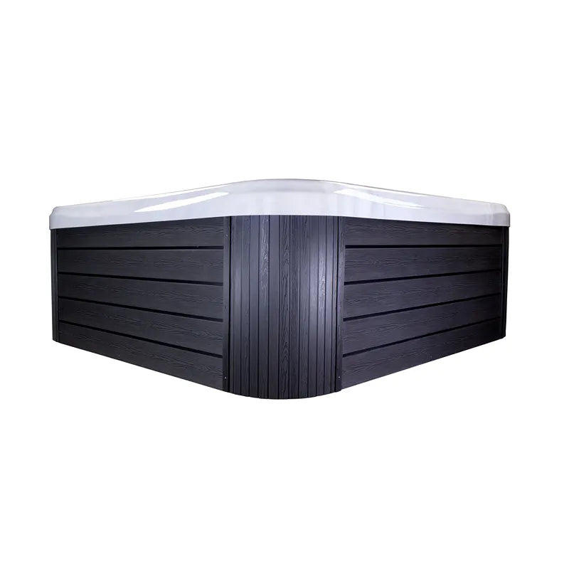 Wellis Vienna Life Premium-Whirlpool mit schwarzem Holzrahmen und weißem Becken, Seitenansicht