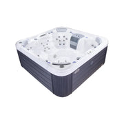 Wellis Vienna Life Premium-Whirlpool mit weißem Becken, grauen Holzverkleidungen und Massagedüsen für 7 Personen