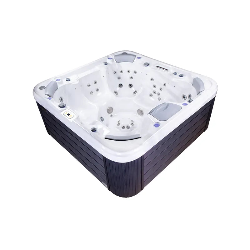 Wellis Vienna Life Premium-Whirlpool mit weißem Becken, dunkelgrauer Umrandung und zahlreichen Massagedüsen von oben