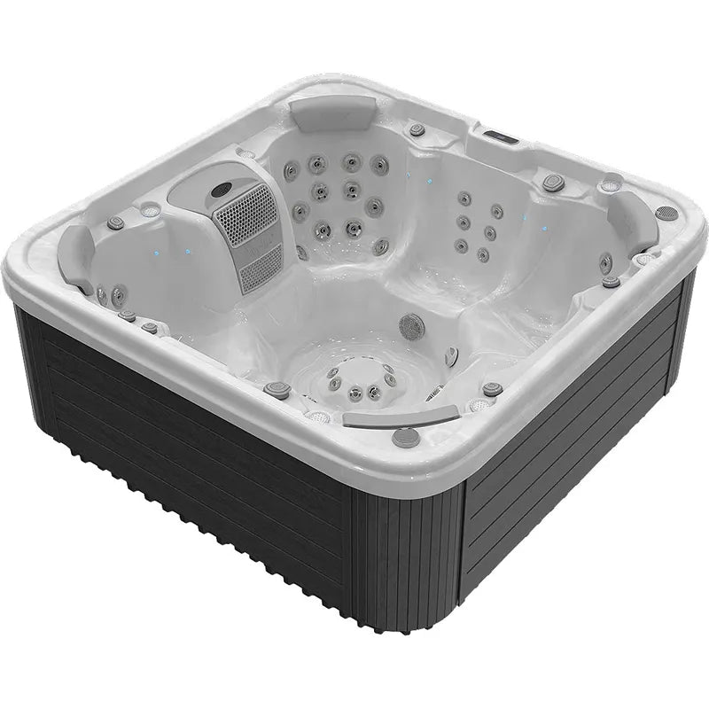 Wellis Vienna Life Premium-Whirlpool mit weißem Wanneninneren, schwarzem Außengehäuse und zahlreichen Massagedüsen für 7 Personen