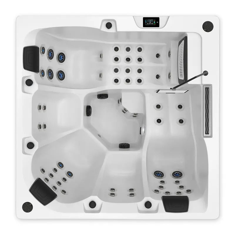 Wibespa Atlantis Whirlpool – 5 Pers., 64 Düsen von oben mit weißem Becken, schwarzen Düsen und digitalem Bedienfeld