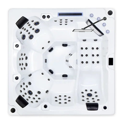 Wibespa Avatar Whirlpool – 6 Pers., 98 Düsen von oben, weiße Wanne mit schwarzen Düsen und Steuerungselementen