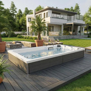 Wibespa Elba Schwimmspa – 4 Pers., 33 Düsen in modernem Gartendesign mit Holzterrasse