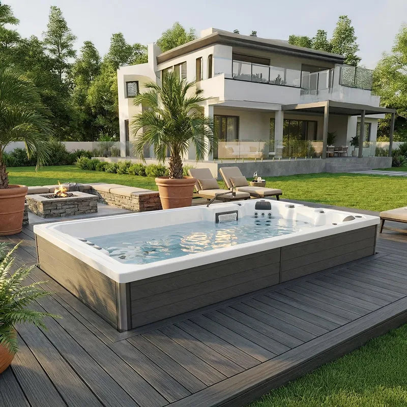Wibespa Elba Schwimmspa – 4 Pers., 33 Düsen in modernem Gartendesign mit Holzterrasse