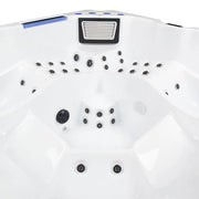 Wibespa Matrix Whirlpool – 5 Pers., 102 Düsen Draufsicht mit weißem Becken, Düsenanlage und Kontrollelement