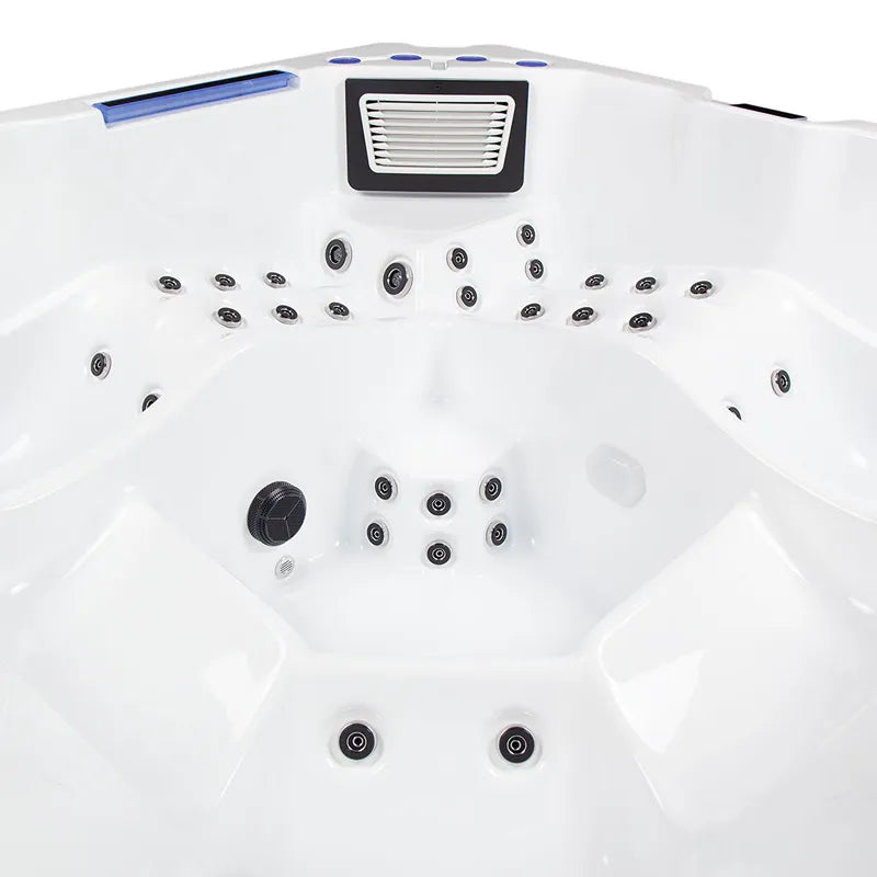 Wibespa Matrix Whirlpool – 5 Pers., 102 Düsen Draufsicht mit weißem Becken, Düsenanlage und Kontrollelement
