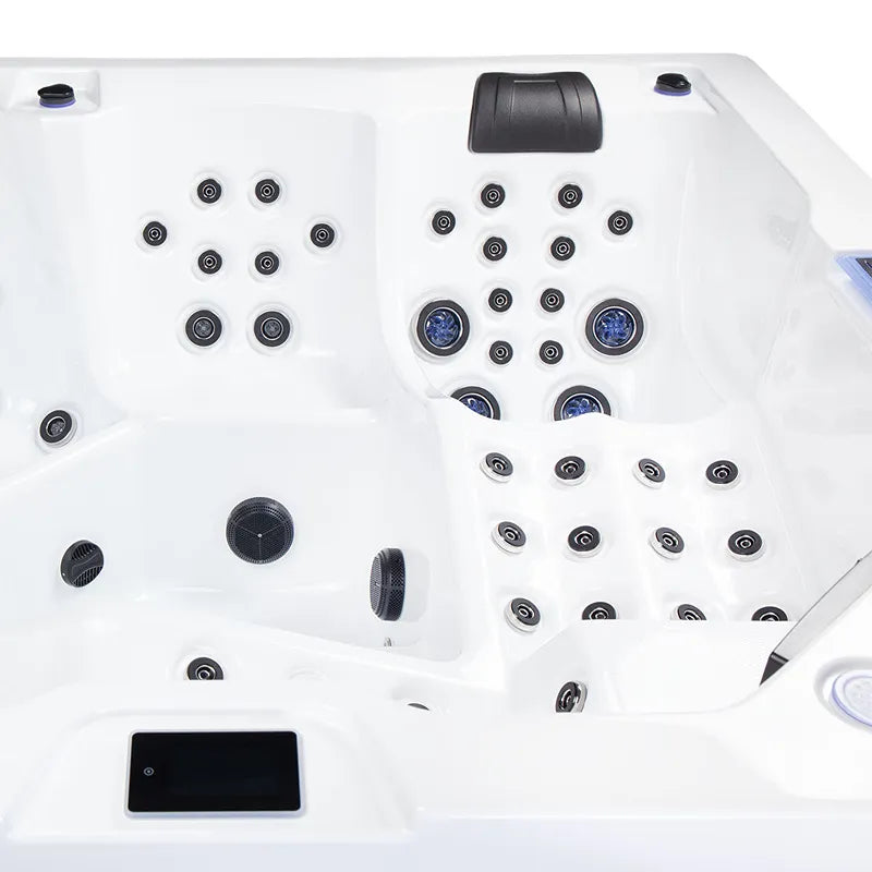 Wibespa Matrix Whirlpool – 5 Pers., 102 Düsen Innenansicht von oben mit zahlreichen Massagedüsen und Steuerungselementen