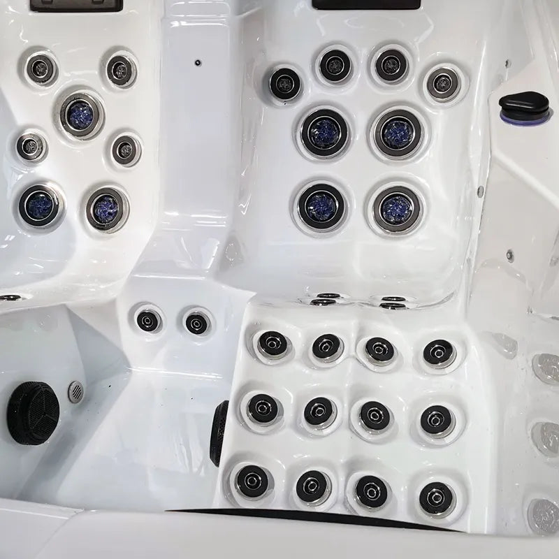 Wibespa Moana Whirlpool – 3 Pers., 59 Düsen Draufsicht mit Massage-Düsen und Steuerung