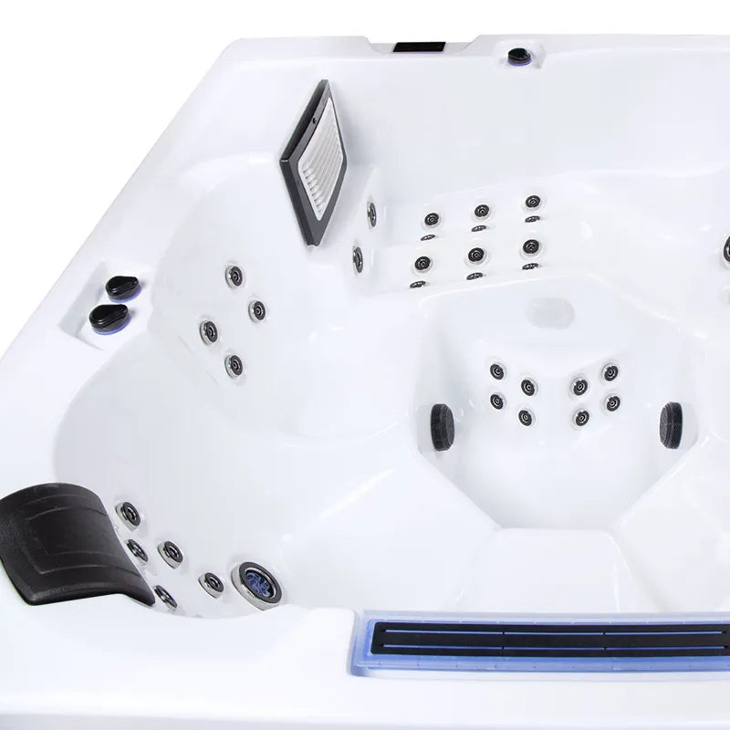 Wibespa Waterworld Whirlpool – 6 Pers., 64 Düsen von oben, weiße Wanne mit Düsenübersicht und Steuerung