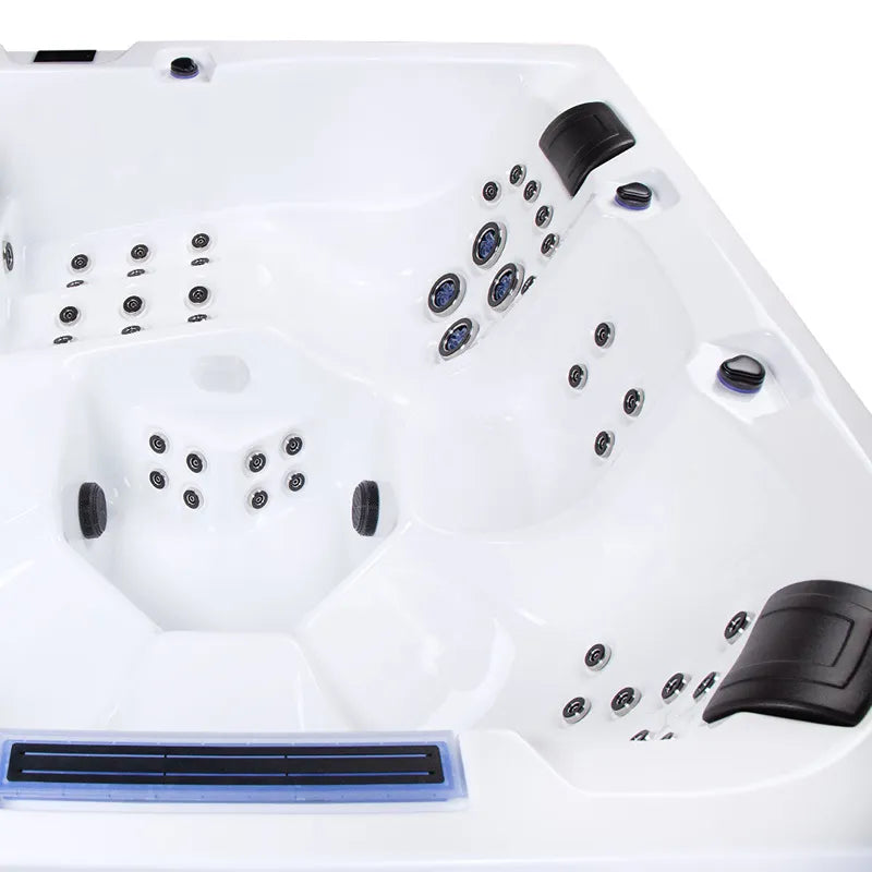 Wibespa Waterworld Whirlpool – 6 Pers., 64 Düsen mit weißem Becken, zahlreichen Düsen und schwarzen Bedienungselementen von oben