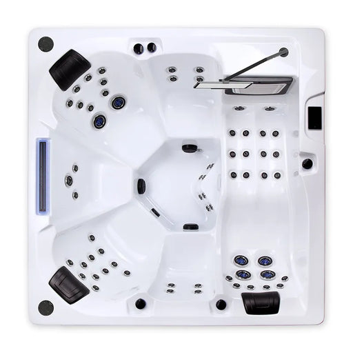 Wibespa Waterworld Whirlpool 6 Personen 64 Düsen Draufsicht mit Sitzbereichen und Düsenanordnung