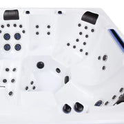 Wibespa Waterworld Whirlpool – 6 Pers., 64 Düsen Draufsicht mit weißem Becken, schwarzen Düsen und Massagedüsen