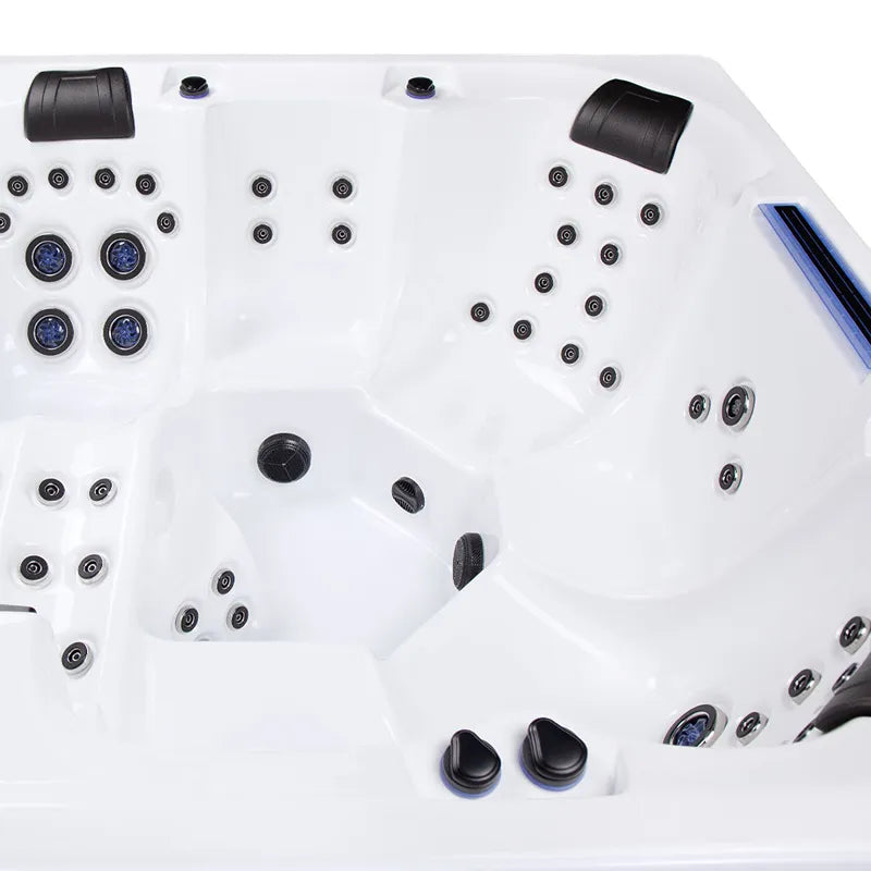 Wibespa Waterworld Whirlpool – 6 Pers., 64 Düsen Draufsicht mit weißem Becken, schwarzen Düsen und Massagedüsen