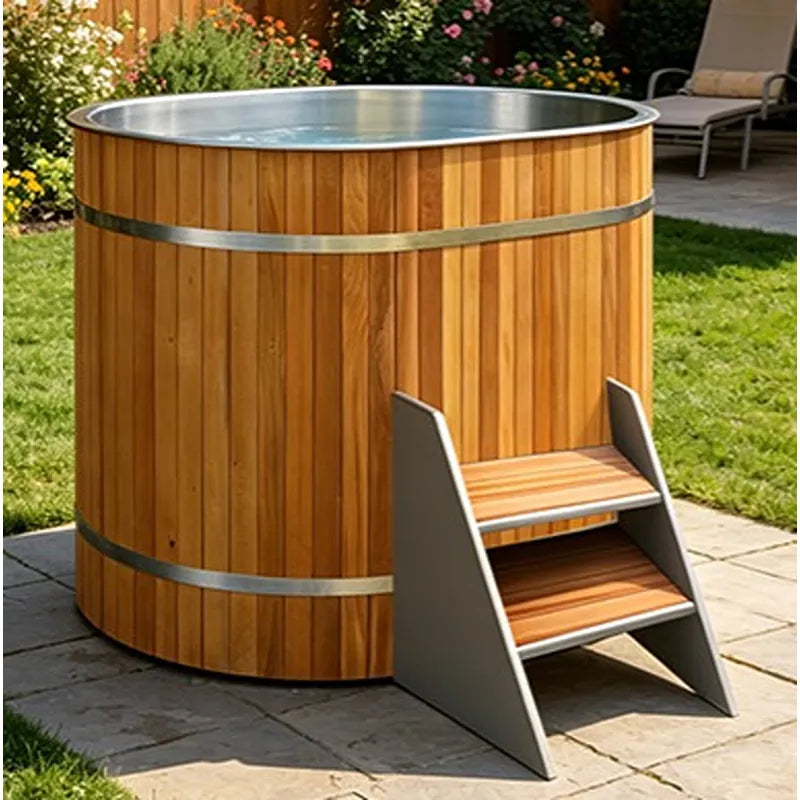 Winthera Arctic Barrel Eisbad Holzfass mit Metallbändern und Edelstahlwanne im Garten