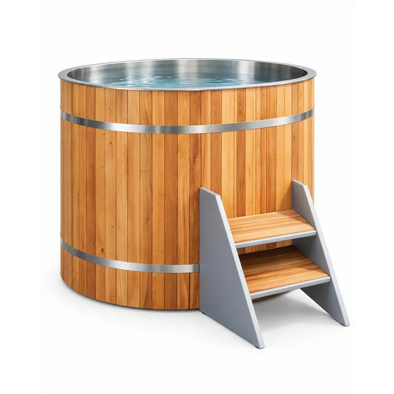Winthera Arctic Barrel Eisbad Holzfass mit Edelstahlbecken, Holztreppe und Metallbändern
